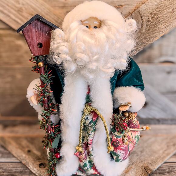 Whimsical Garden Santa w/ Birdhouse-Floral Bag/Accents-Faux Fur Velvet Coat-12\